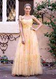 Spaghetti Straps Neck Floor Length Tulle Embroidery Floral Prom Dress
