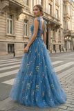 Spaghetti Straps Neck Floor Length Tulle Embroidery Floral Prom Dress