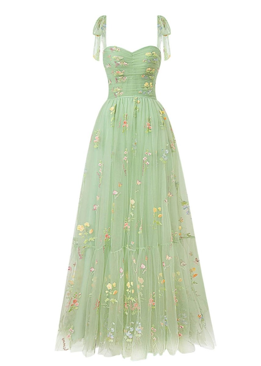 Spaghetti Straps Neck Floor Length Tulle Embroidery Floral Prom Dress