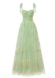 Spaghetti Straps Neck Floor Length Tulle Embroidery Floral Prom Dress