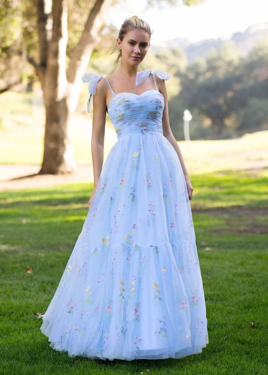 Spaghetti Straps Neck Floor Length Tulle Embroidery Floral Prom Dress