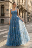 Spaghetti Straps Neck Floor Length Tulle Embroidery Floral Prom Dress