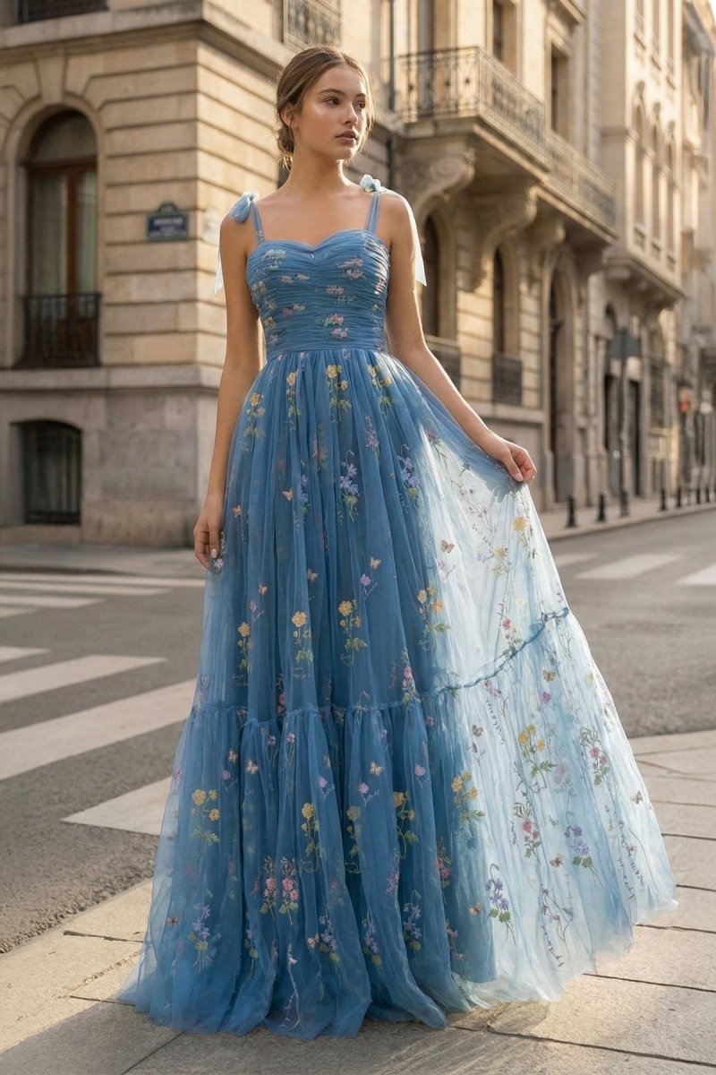 Spaghetti Straps Neck Floor Length Tulle Embroidery Floral Prom Dress