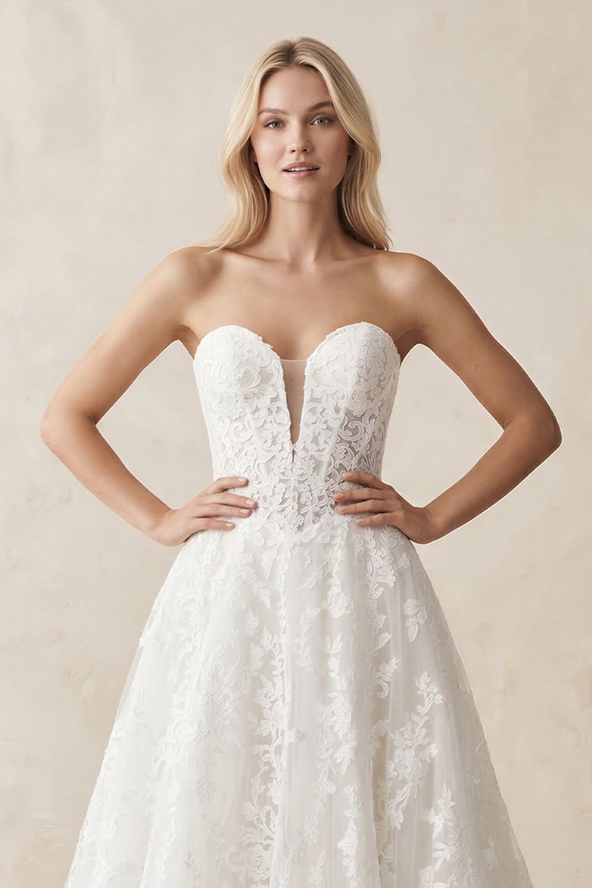 Plunge Lace A-Line Ruched Wedding Dress in White