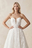 Plunge Lace A-Line Ruched Wedding Dress in White