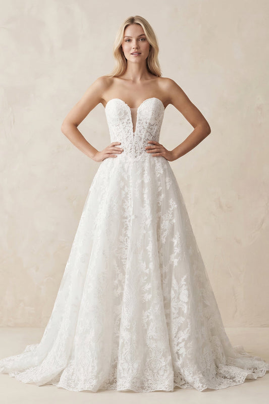 Plunge Lace A-Line Ruched Wedding Dress in White