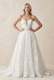 Plunge Lace A-Line Ruched Wedding Dress in White