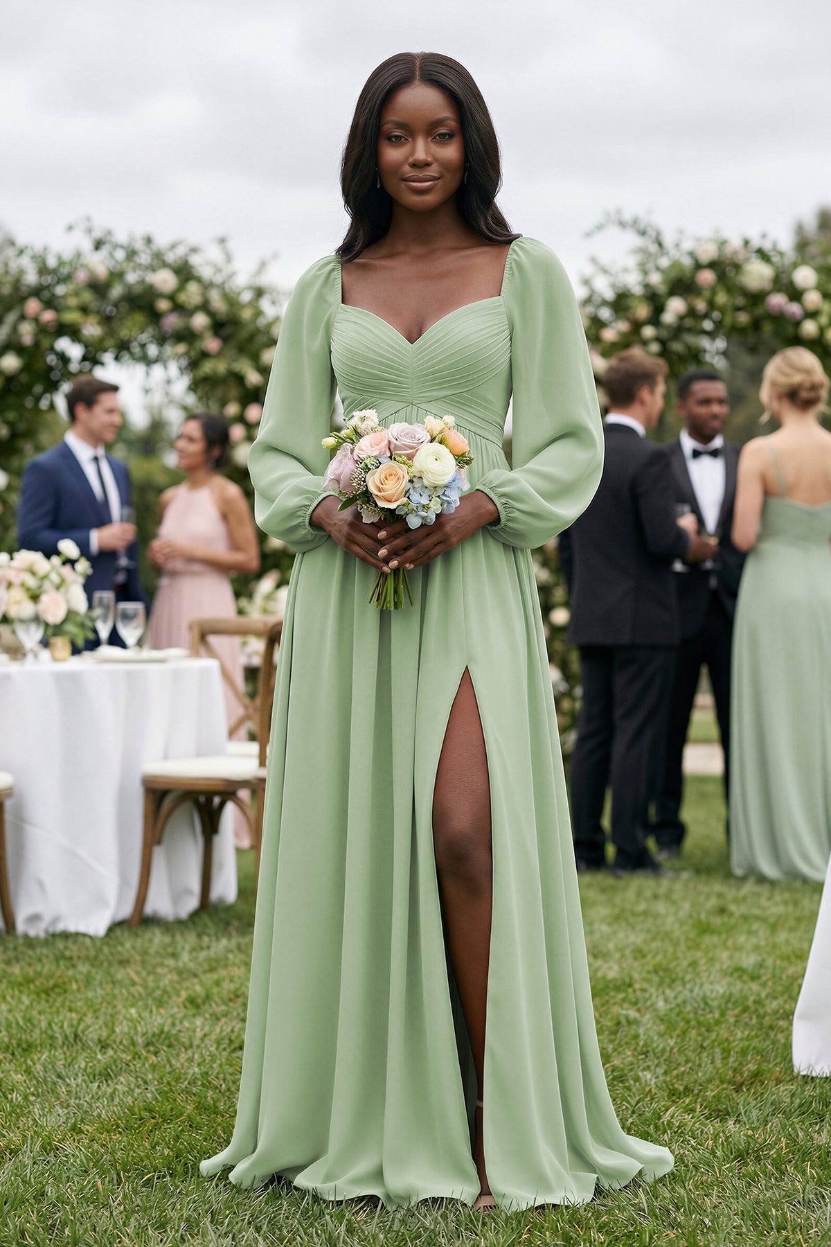 Sweetheart Long Sleeve A-Line Bridesmaid Dress in Sage
