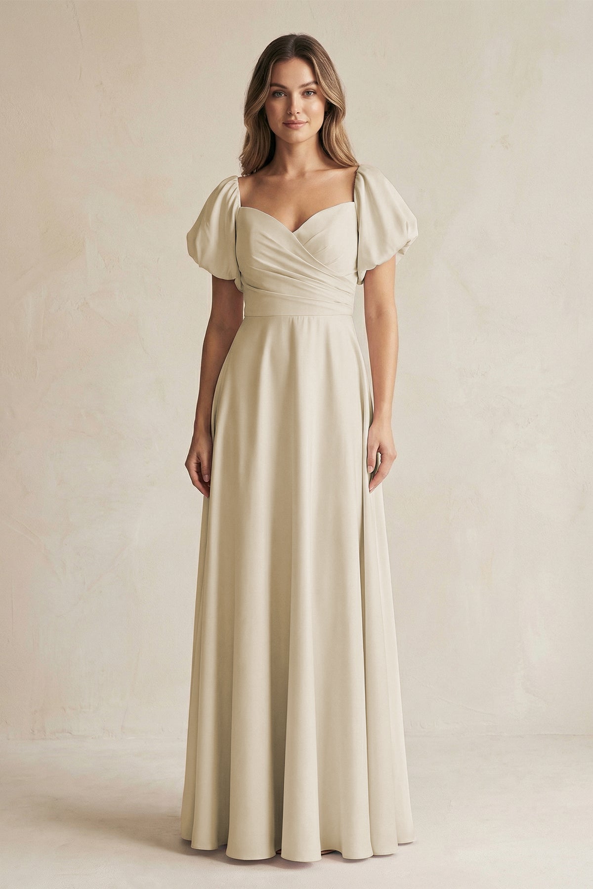Sweetheart Puff Sleeve A-Line Chiffon Bridesmaid Dress in Champagne