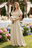 Sweetheart Puff Sleeve A-Line Chiffon Bridesmaid Dress in Champagne
