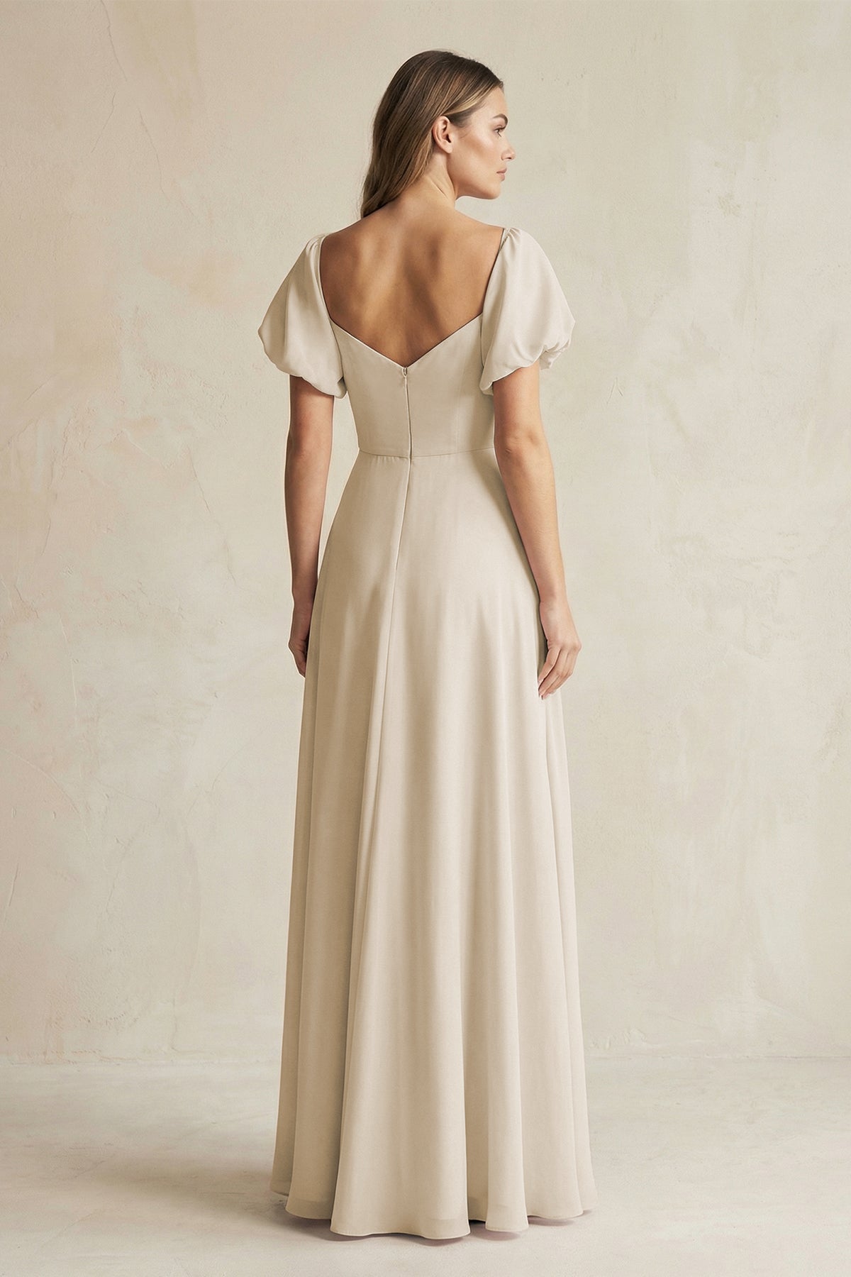 Sweetheart Puff Sleeve A-Line Chiffon Bridesmaid Dress in Champagne