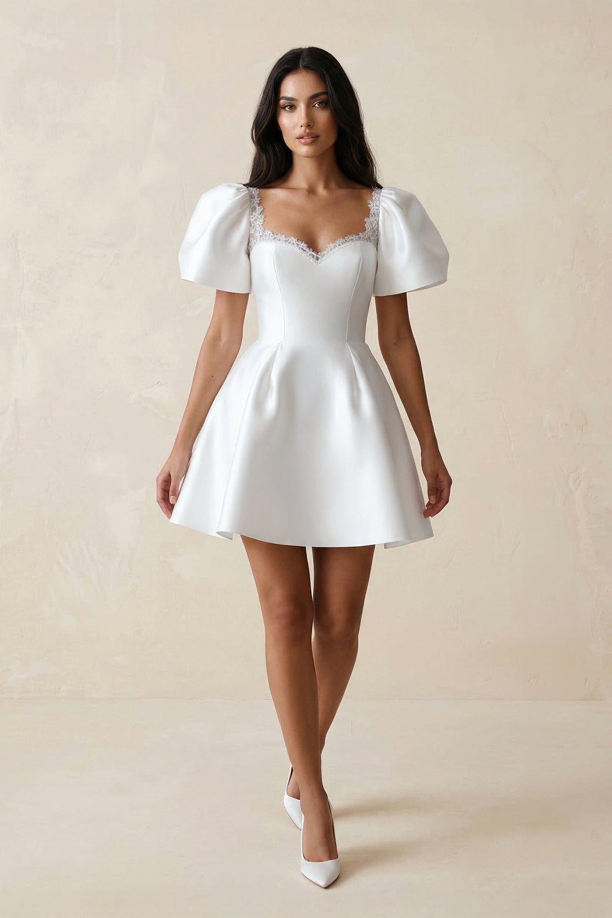 Sweetheart Puff Sleeves Satin A-Line Wedding Dress in White