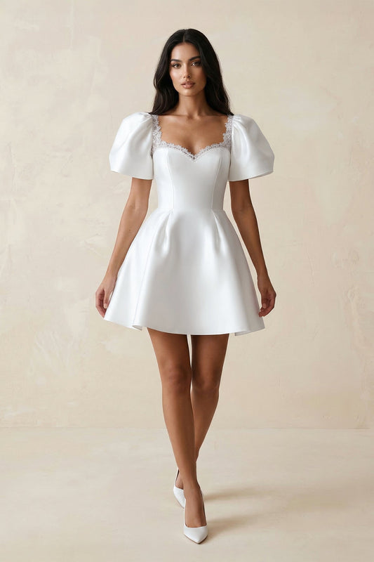 Sweetheart Puff Sleeves Satin A-Line Wedding Dress in White