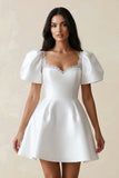 Sweetheart Puff Sleeves Satin A-Line Wedding Dress in White