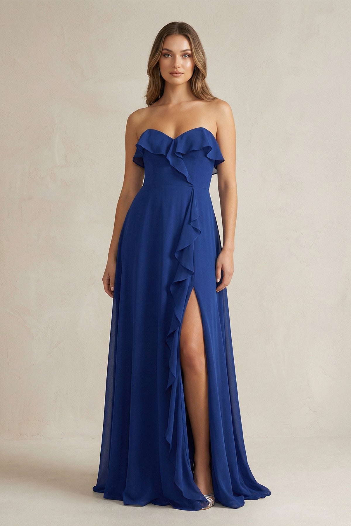 Sweetheart Ruffled A-Line Chiffon Bridesmaid Dress in Royal Blue