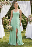 Sweetheart Ruffled A-Line Chiffon Bridesmaid Dress with Slit in Pale Pistachio