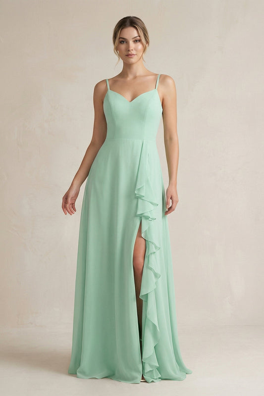 Sweetheart Ruffled A-Line Chiffon Bridesmaid Dress with Slit in Pale Pistachio
