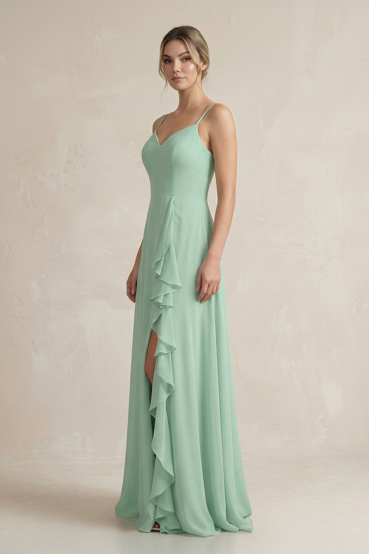 Sweetheart Ruffled A-Line Chiffon Bridesmaid Dress with Slit in Pale Pistachio