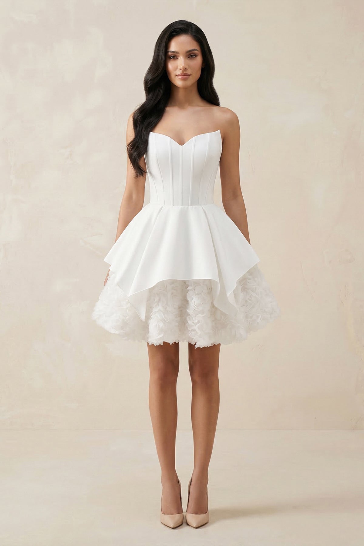 Sweetheart Ruffled Corset Mini Wedding Dress in White
