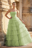 Mint Green Sweetheart Tulle Tiered A-Line Long Prom Dress with Slit
