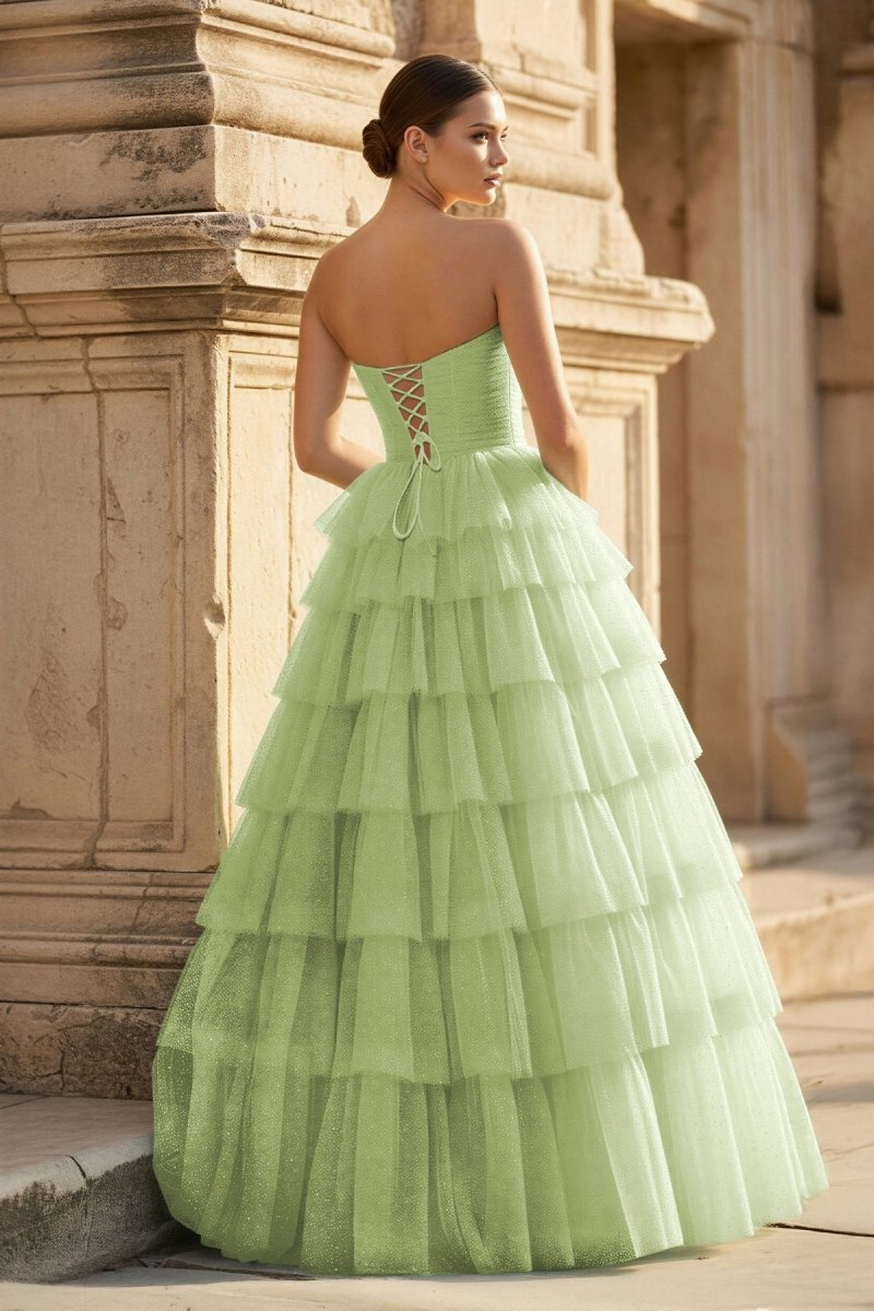 Mint Green Sweetheart Tulle Tiered A-Line Long Prom Dress with Slit
