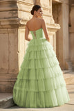 Mint Green Sweetheart Tulle Tiered A-Line Long Prom Dress with Slit