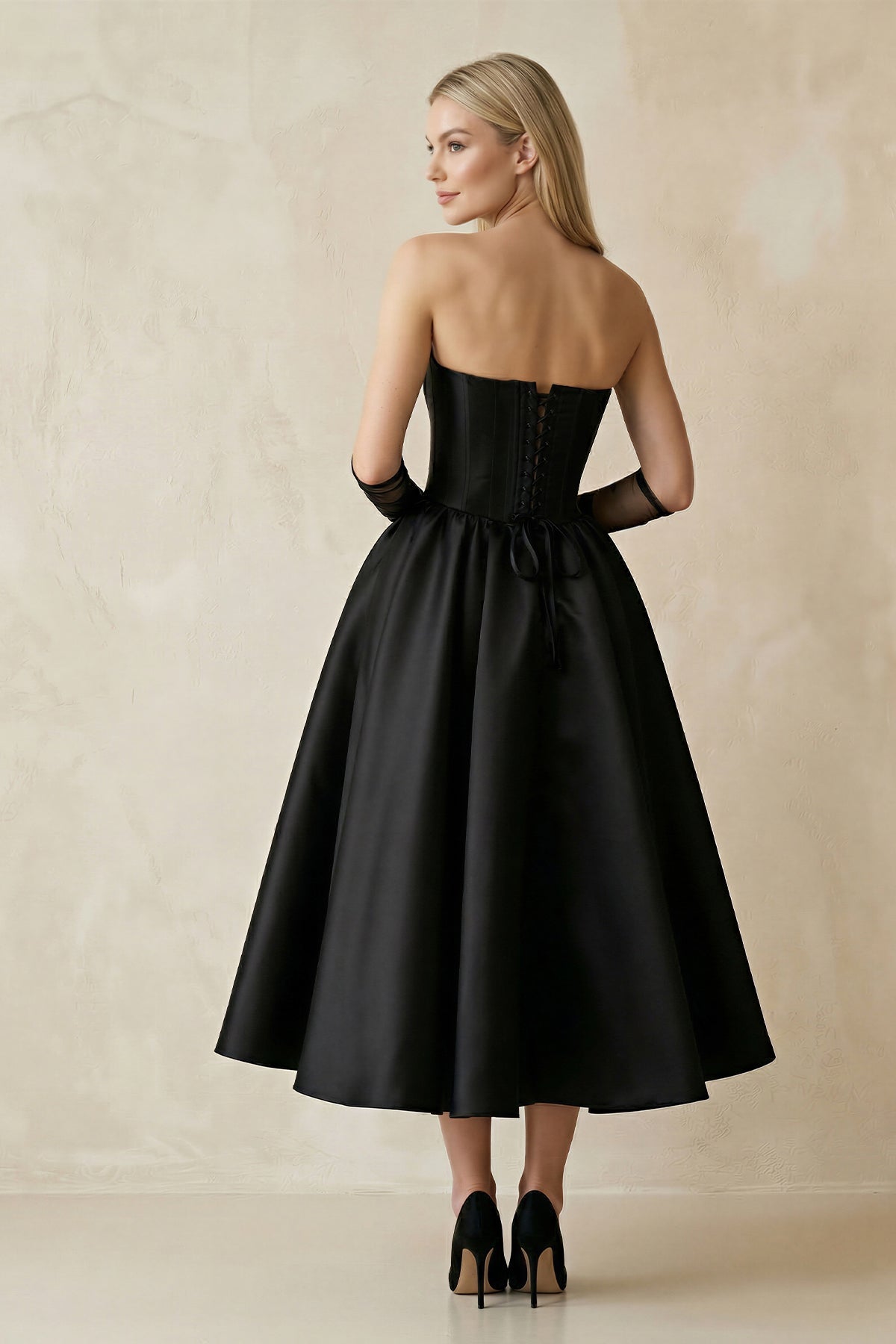 Sweetheart Satin A-Line Midi Wedding Dress With Sleeves in Black