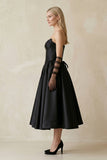 Sweetheart Satin A-Line Midi Wedding Dress With Sleeves in Black