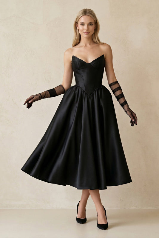 Sweetheart Satin A-Line Midi Wedding Dress With Sleeves in Black