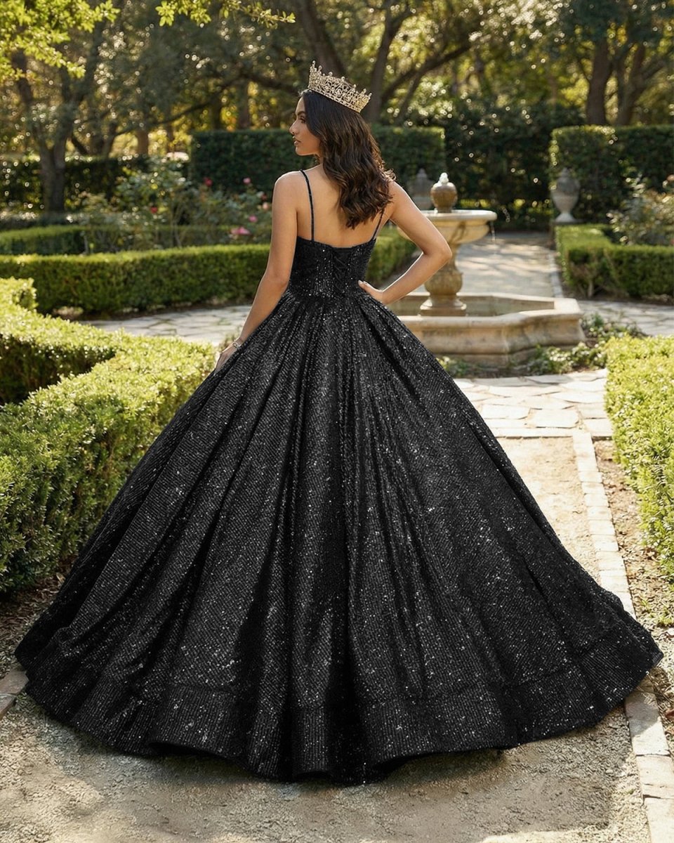 Sweetheart Spaghetti Straps Sequins Ball Gown Black Sparkly Prom Dresses