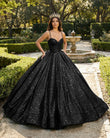 Sweetheart Spaghetti Straps Sequins Ball Gown Black Sparkly Prom Dresses