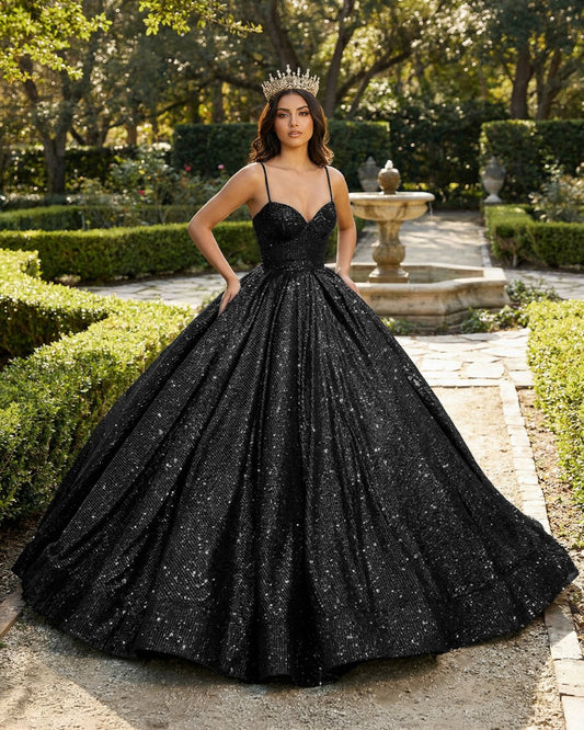 Sweetheart Spaghetti Straps Sequins Ball Gown Black Sparkly Prom Dresses
