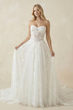 Charming A-Line Strapless Tulle Lace Wedding Dresses
