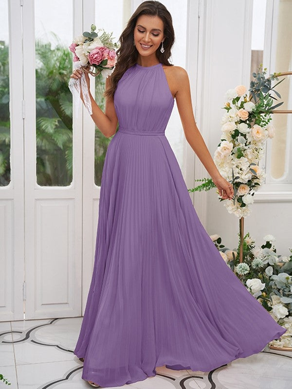 A-Line/Princess Chiffon Ruffles Halter Sleeveless Floor-Length Bridesmaid Dresses Evening Dress