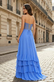 Yellow Sweetheart Chiffon Ruffled A Line Long Prom Dresses With Appliques