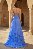 Yellow Sweetheart Chiffon Ruffled A Line Long Prom Dresses With Appliques