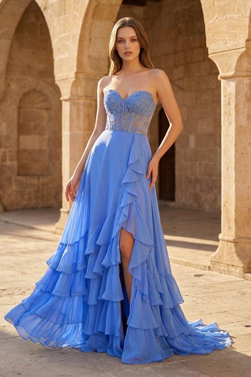 Yellow Sweetheart Chiffon Ruffled A Line Long Prom Dresses With Appliques