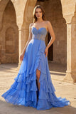Yellow Sweetheart Chiffon Ruffled A Line Long Prom Dresses With Appliques