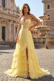 Yellow Sweetheart Chiffon Ruffled A Line Long Prom Dresses With Appliques