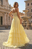 Yellow Sweetheart Chiffon Ruffled A Line Long Prom Dresses With Appliques