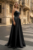 Strapless Sage Green Satin A-line Long Prom Dress With Slit