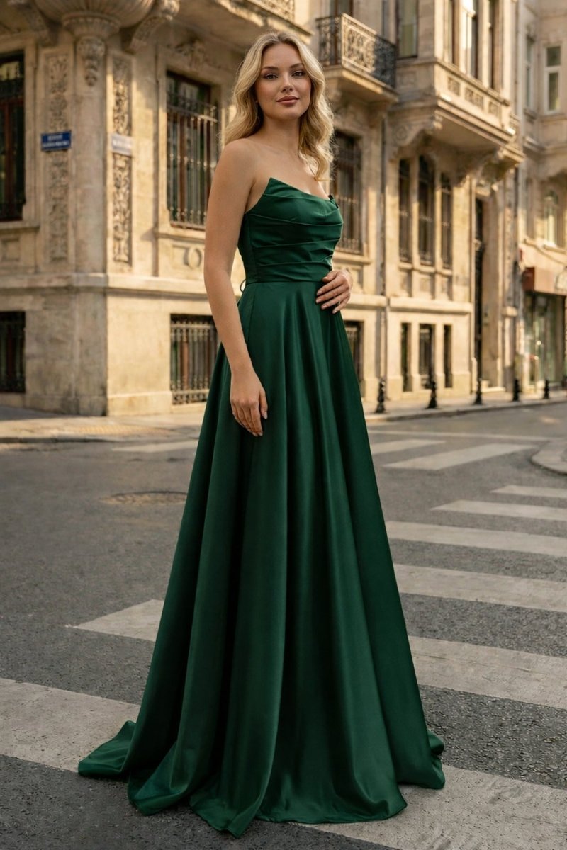 Strapless Sage Green Satin A-line Long Prom Dress With Slit