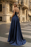 Strapless Sage Green Satin A-line Long Prom Dress With Slit