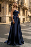 Strapless Sage Green Satin A-line Long Prom Dress With Slit