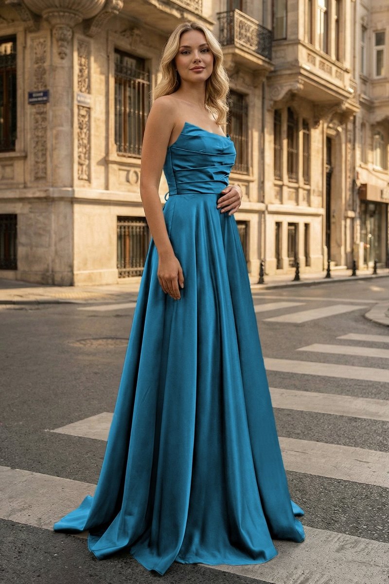 Strapless Sage Green Satin A-line Long Prom Dress With Slit