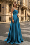 Strapless Sage Green Satin A-line Long Prom Dress With Slit