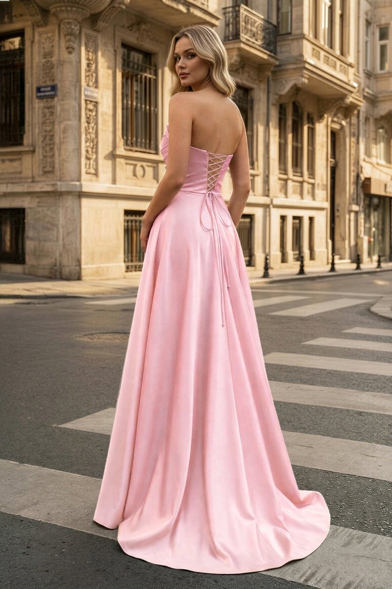 Strapless Sage Green Satin A-line Long Prom Dress With Slit