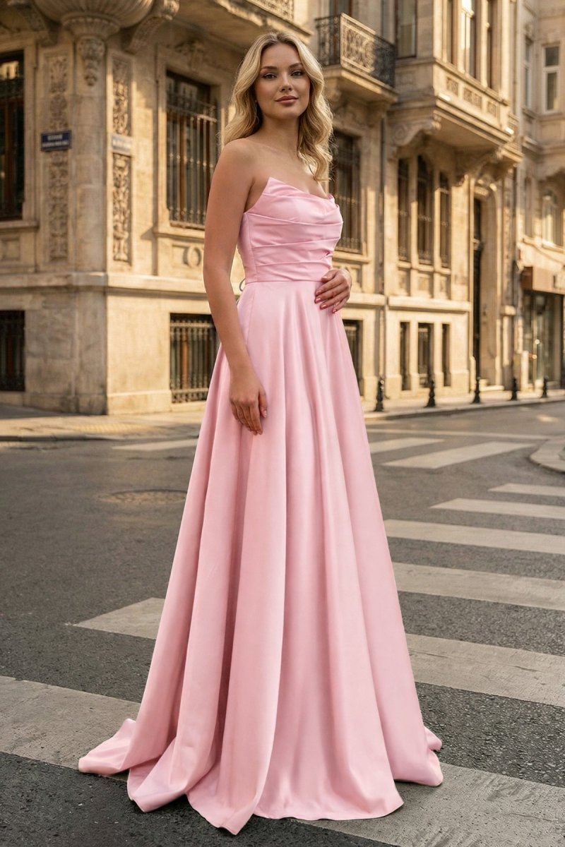 Strapless Sage Green Satin A-line Long Prom Dress With Slit