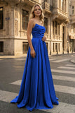 Strapless Sage Green Satin A-line Long Prom Dress With Slit