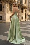 Strapless Sage Green Satin A-line Long Prom Dress With Slit